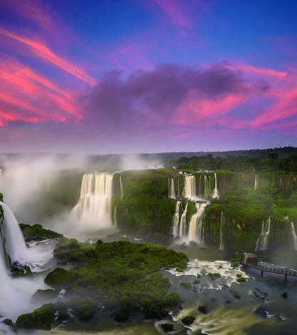 Red Clouds And Full Moon During The Sunrise At Iguassu Falls, Brazil