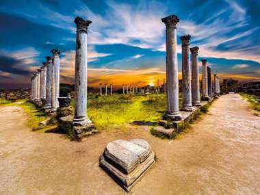 Salamis Ancient City Ruins at Sunset, Famagusta, Turkish Republic Of Northern Cyprus