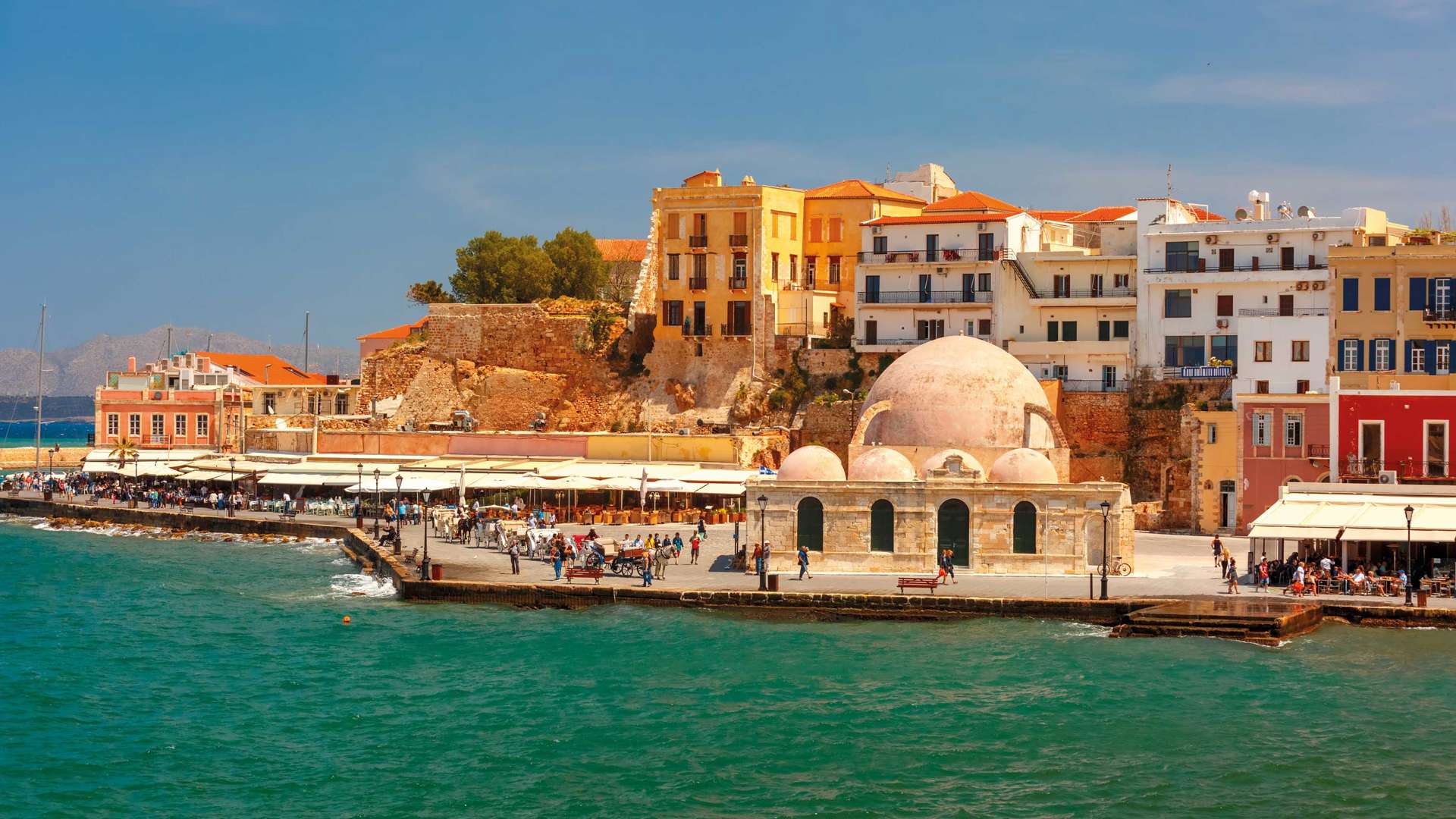 Old Harbour Of Chania With Venetian Quay And Kucuk Hasan Pasha Mosque, Crete, Greece