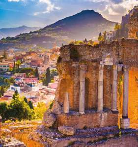The Ruins Of Taormina Theater At Sunset, Sicily, Italy