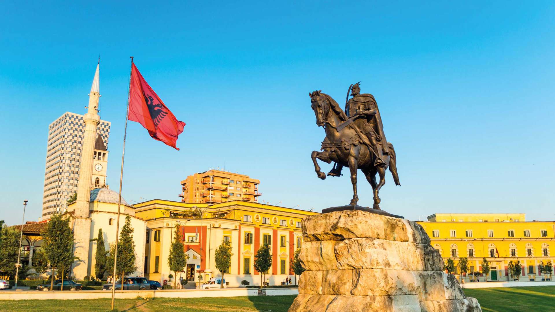 Skanderbeg Square With Skanderbeg Monument And The Et'hem Bey Mosque, Tirana, Albania