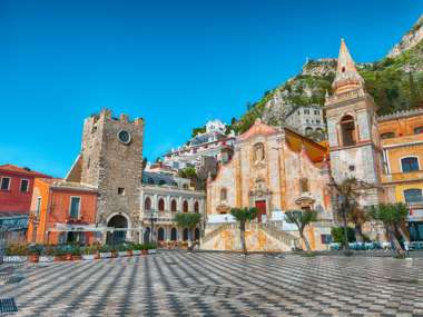 Belvedere Of Taormina And San Giuseppe Church On The Square Piazza IX Aprile In Taormina, Sicily, Italy