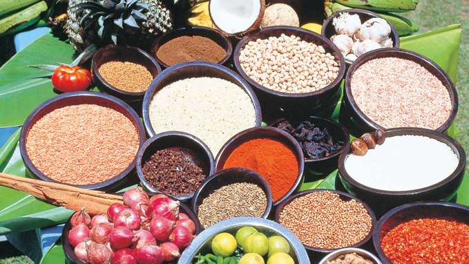 Fruits and spices laid out, Sri Lanka