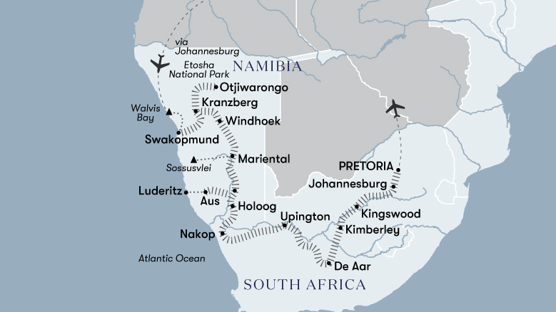 Namibia By Private Train Walvis bay to Pretoria Map 2023