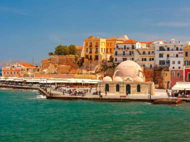 Old Harbour Of Chania With Venetian Quay And Kucuk Hasan Pasha Mosque, Crete, Greece