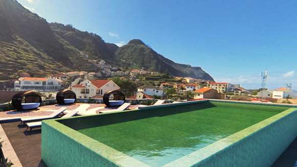 Aqua Natura Bay, Porto Moniz, Madeira, Portugal, Swimming Pool with hills in background